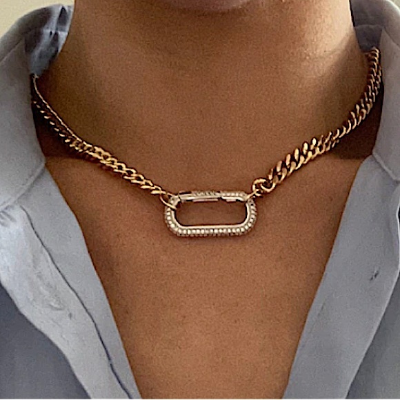 Gold Zircon Rectangular Charm Necklace Chain Link - Picture 3 of 12